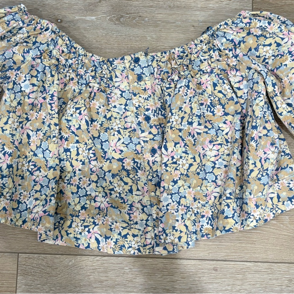 Free People Blue and White Ruffled Smocked Blouse